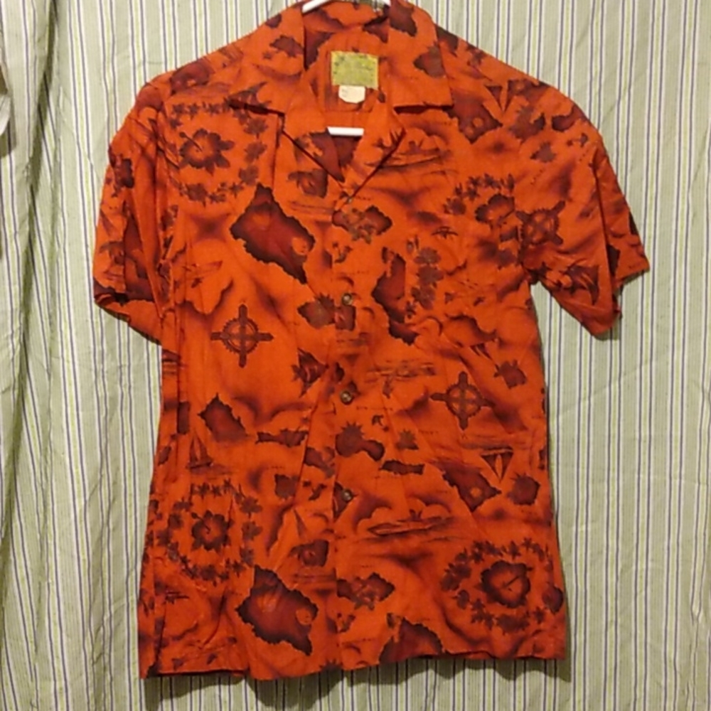 VINTAGE UI-MAIKAI HAWAIIAN RED METALLIC S ALL COTTON MENS SHIRT
